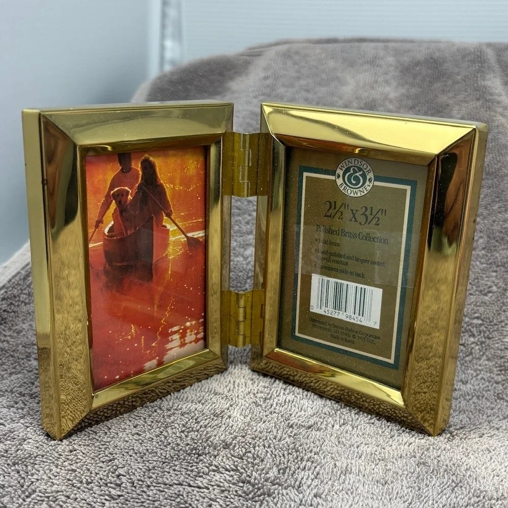 Vtg Picture Frame Gold Solid Brass Double Hinged 2.5x3.5 Windsor Browne